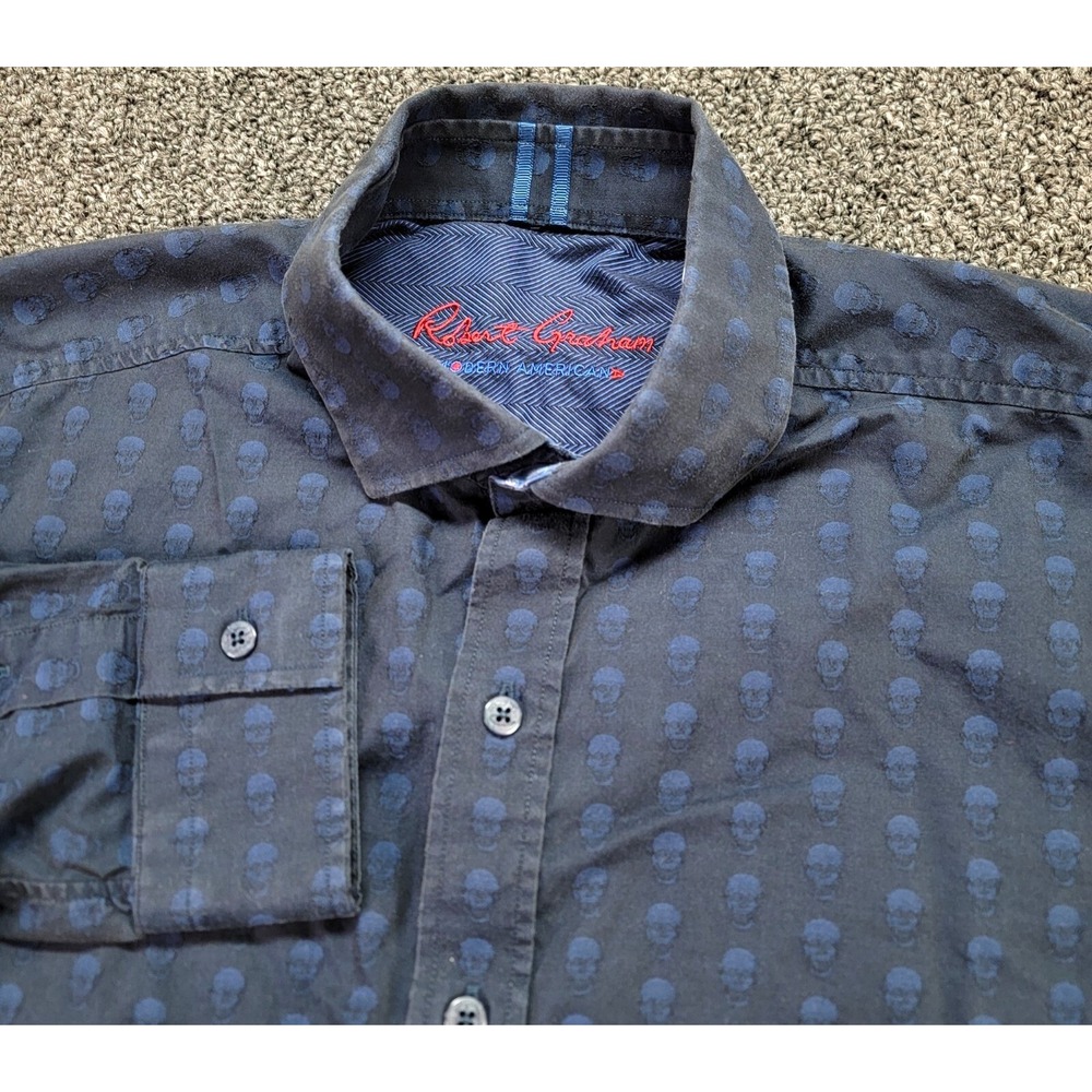 Robert Graham Shirt Mens Large Blue Tailored Fit Skull AOP Faded Button Down